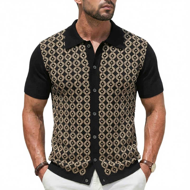 Men's Knitted Polo Shirt Short Sleeve Geometric Jacquard Cardigan - Image 1