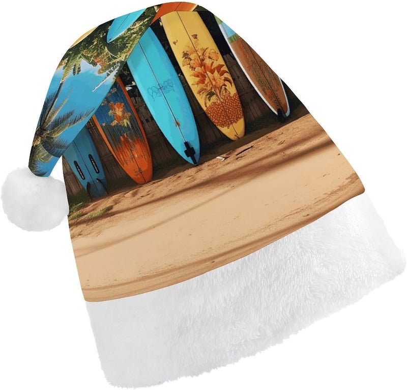 Surf's Up Surfboard Christmas Santa Hat for Adults, Soft Stretchable Elf Hat with Fluffy Pom Pom for Xmas Party - Image 1