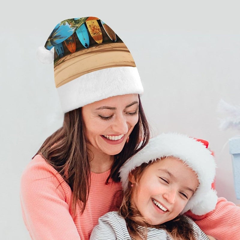 Surf's Up Surfboard Christmas Santa Hat for Adults, Soft Stretchable Elf Hat with Fluffy Pom Pom for Xmas Party - Image 4