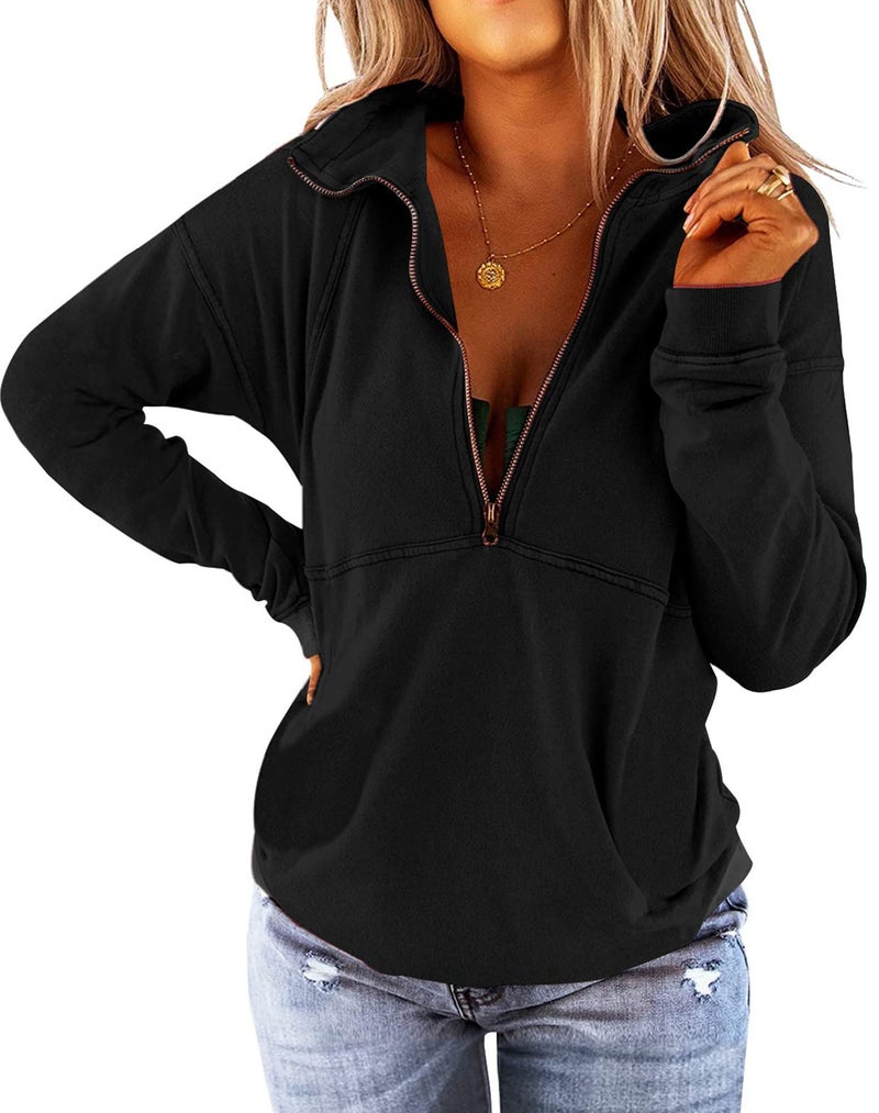 Floral Find Women's Long Sleeve Lapel Half Zip Up Sweatshirt Solid Stylish Loose Fit Casual Pullover Tops (Black, Small) - Image 1