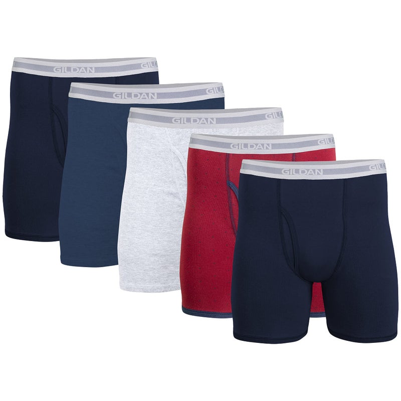 Gildan Men's Underwear Boxer Briefs, Multipack, Navy/Heather Navy/Sport Grey/Dot/Navy (5-Pack), Small - Image 1