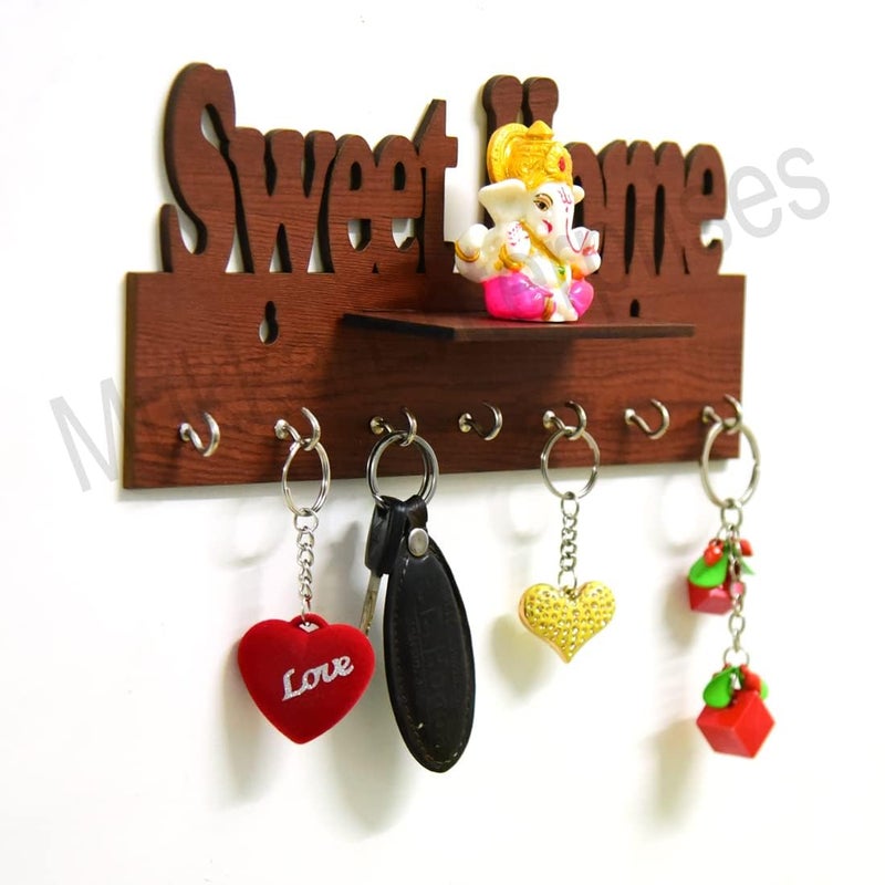 MUKKA ENTERPRISES Stylish Unique Desiner Wood Key Holder for HomeOfficeKitchenKey HoldersBest Decorative Item for Home Keys Stand Wooden Key Holder Sweet Home 7 Hooks 28 cm - Image 1