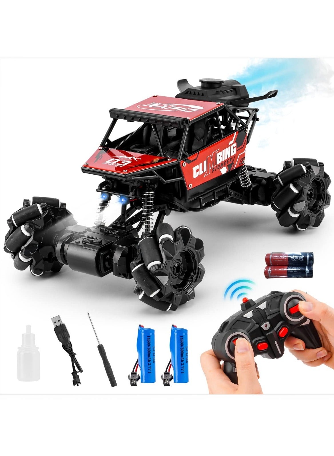 Off Road Remote Control Toy Car, High Speed RC Car, All Terrain RC Truck With Alloy Body Cool Lighting Simulation spray, With 2 Car batteries 2 Remote Controller Batteries, Race Car Gifts for Kids