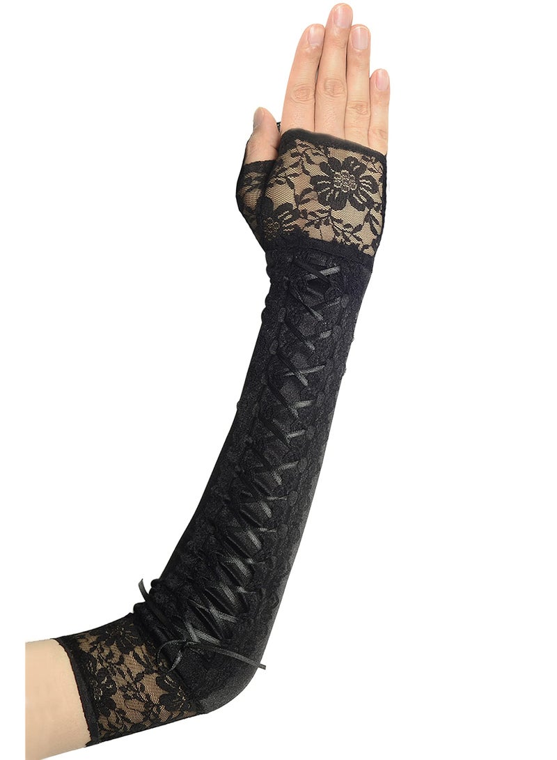 Excefore Lace Up Fingerless Gloves Long Elbow Gloves for Costume Party Lace-up Arm Warmer  - Image 2