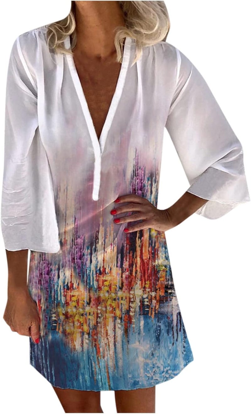 cheekyglo Womens Summer V Neck Dresses Loose Long Sleeve Waist Tie Mini Dresses Classic Casual Work Wrap Dress - Image 1