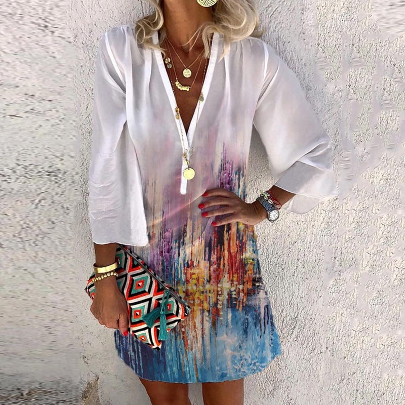 cheekyglo Womens Summer V Neck Dresses Loose Long Sleeve Waist Tie Mini Dresses Classic Casual Work Wrap Dress - Image 2