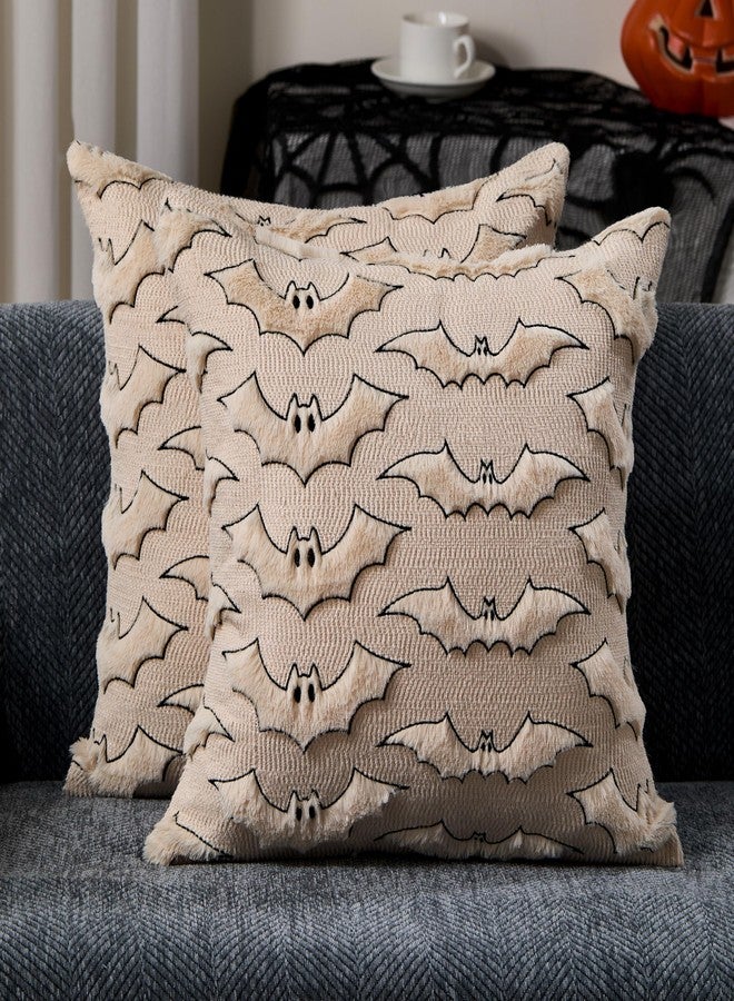 DFXSZ Halloween Pillow Covers 18x18 inch Set of 2 Beige Bat with Black Eyes Throw Pillow Cases Soft Plush Faux Fur Wool Couch Cushion Case for Chair Sofa Bedroom Living Room Home Decor PTK059A18 - Image 1