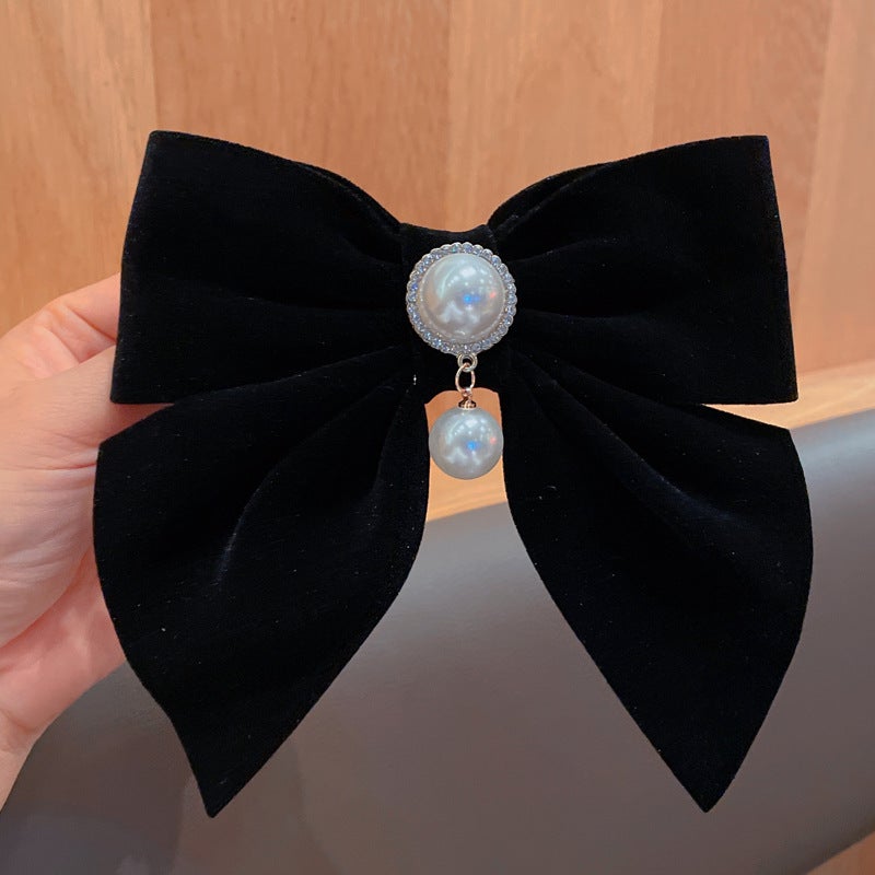 Generic Internet celebrity autumn and winter New velvet pearl pendant bow hairpin Japanese and Korean girl top clip dress banquet hair accessories 523 Black