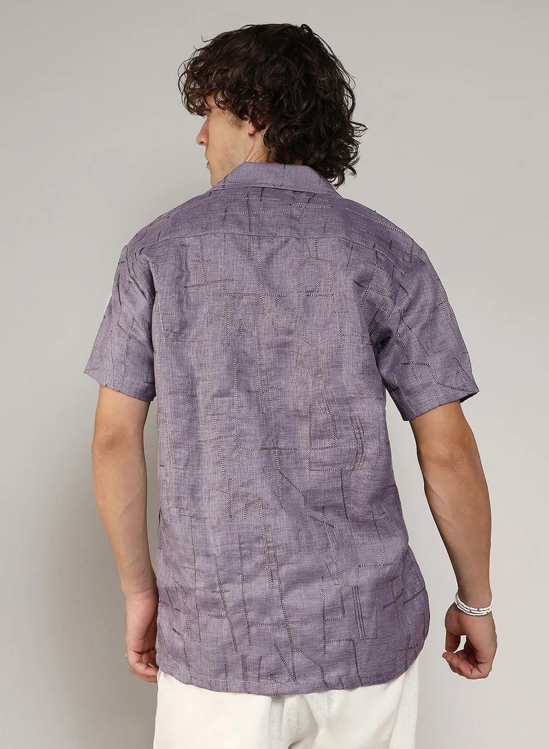 Campus Sutra Men's Plum Purple Embroidered Heathered Shirt