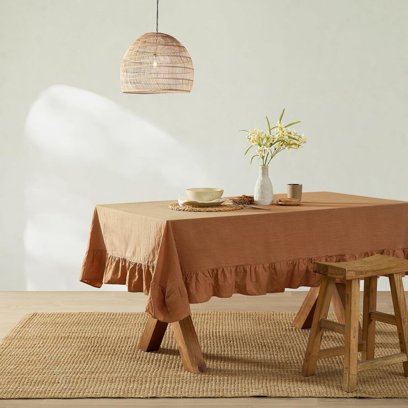 MONDAY MOOSE Ruffle Farmhouse Rustic Rectangle Natural Stonewashed Cotton Tablecloth for Kitchen, Dining Room, Restaurant (55x70 inch, Cinnamon) - Image 4