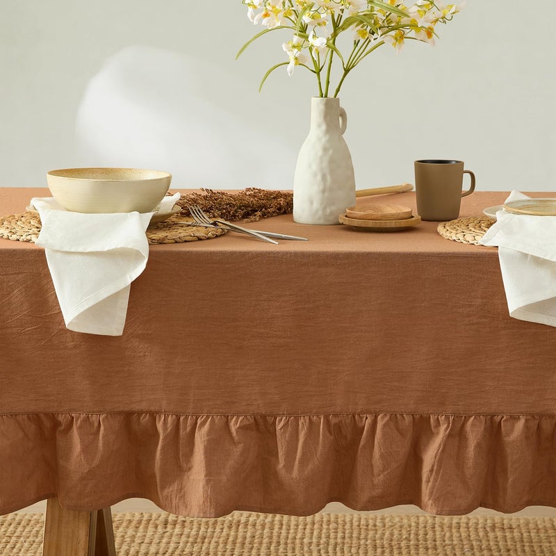MONDAY MOOSE Ruffle Farmhouse Rustic Rectangle Natural Stonewashed Cotton Tablecloth for Kitchen, Dining Room, Restaurant (55x70 inch, Cinnamon) - Image 2