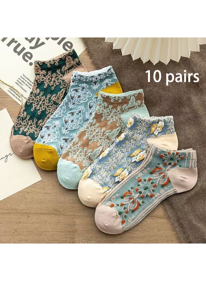 Zeemey Women's Floral Lace Invisible Boat Socks 10 Pairs Set: Fresh, Breathable, Versatile for Everyday Wear, Prevents Slip-Offs - Image 1