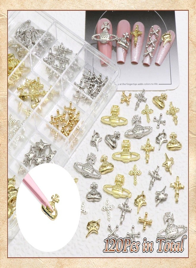 BELICEY 120Pcs 3D Cross Nail Charms, Gold Silver Cross Star Planet Nail Art Charm, Alloy Punk Saturn Cross Charms for Acrylic Nails, Shiny Y2K Star Cross Nail Jewelry for Nails Design Manicure Crafts - Image 4
