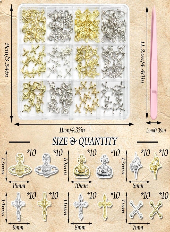 BELICEY 120Pcs 3D Cross Nail Charms, Gold Silver Cross Star Planet Nail Art Charm, Alloy Punk Saturn Cross Charms for Acrylic Nails, Shiny Y2K Star Cross Nail Jewelry for Nails Design Manicure Crafts - Image 2