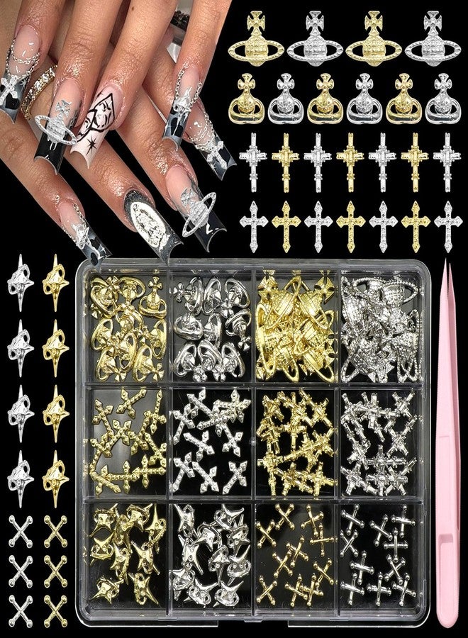 BELICEY 120Pcs 3D Cross Nail Charms, Gold Silver Cross Star Planet Nail Art Charm, Alloy Punk Saturn Cross Charms for Acrylic Nails, Shiny Y2K Star Cross Nail Jewelry for Nails Design Manicure Crafts - Image 1