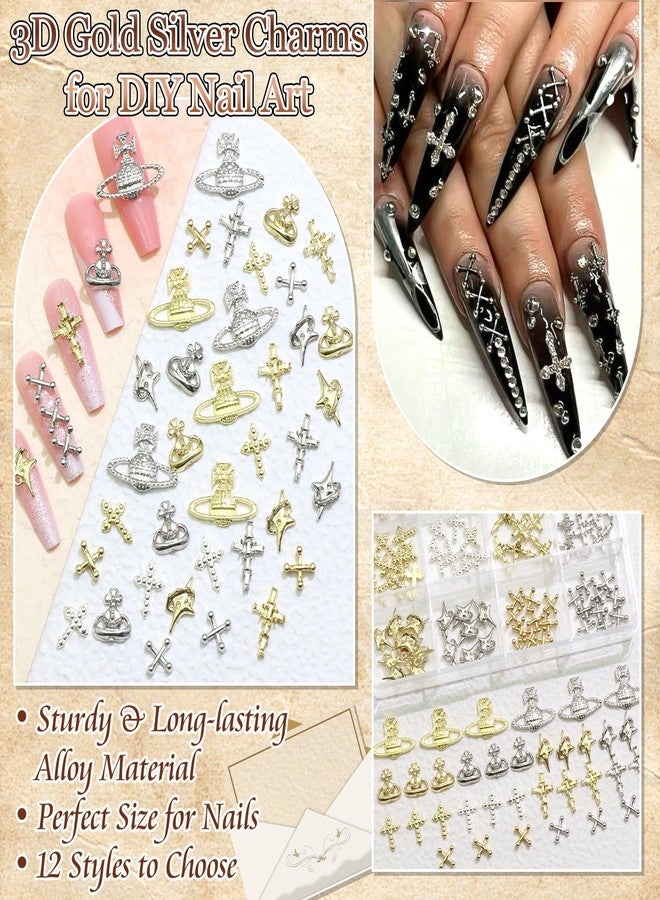 BELICEY 120Pcs 3D Cross Nail Charms, Gold Silver Cross Star Planet Nail Art Charm, Alloy Punk Saturn Cross Charms for Acrylic Nails, Shiny Y2K Star Cross Nail Jewelry for Nails Design Manicure Crafts - Image 3