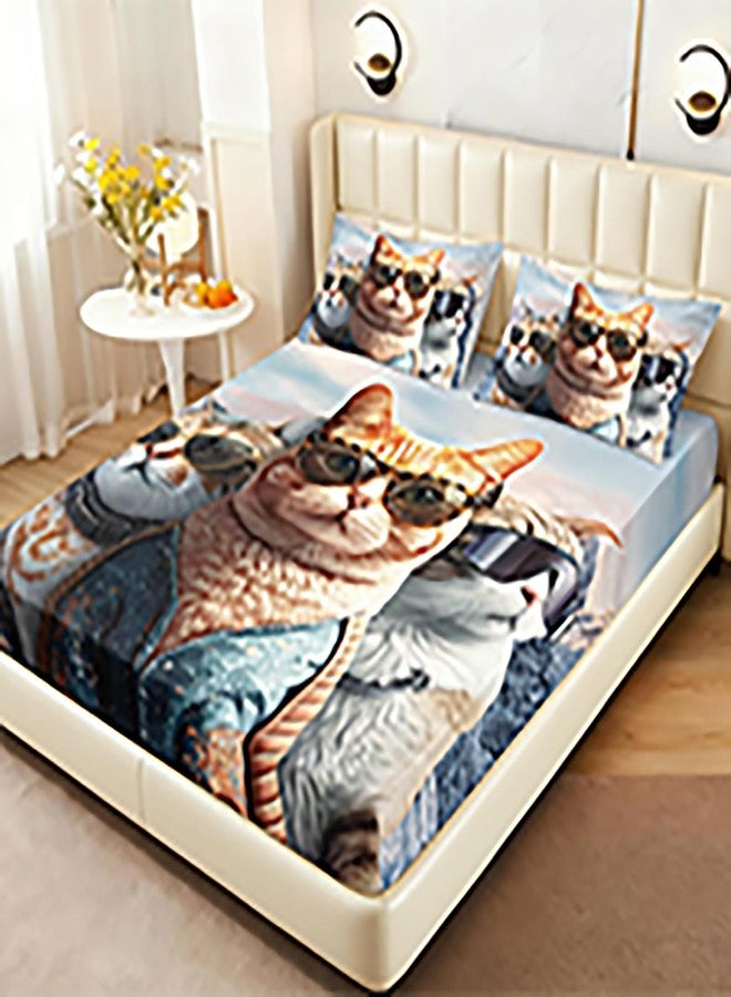 AILONEN 3D Cat Fitted Sheet Set, Twin Size, Funny Kitten Bedding Set for Kids Boys Girls,Cat Lovers Animal Bed Sheet Set,3 Pieces, 1 Fitted Sheet and 2 Pillowcases - Image 2