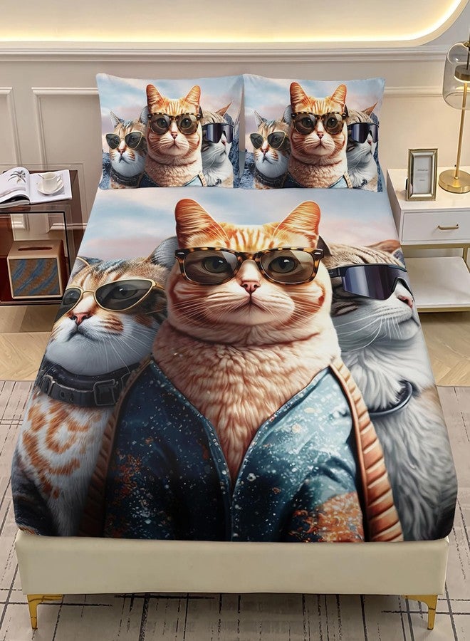 AILONEN 3D Cat Fitted Sheet Set, Twin Size, Funny Kitten Bedding Set for Kids Boys Girls,Cat Lovers Animal Bed Sheet Set,3 Pieces, 1 Fitted Sheet and 2 Pillowcases - Image 1