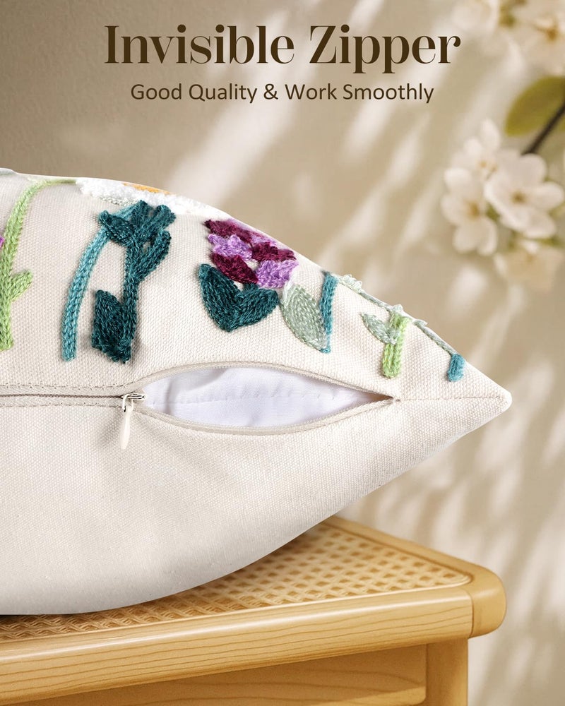 Kokaaee Embroidered Throw Pillow Cover - 20x20 Decorative Pillow Cover with Zipper Aesthetic Cute Design Boho Spring Summer Throw Pillowcase for Living Room Couch Sofa Bed, Wild Floral - Image 3