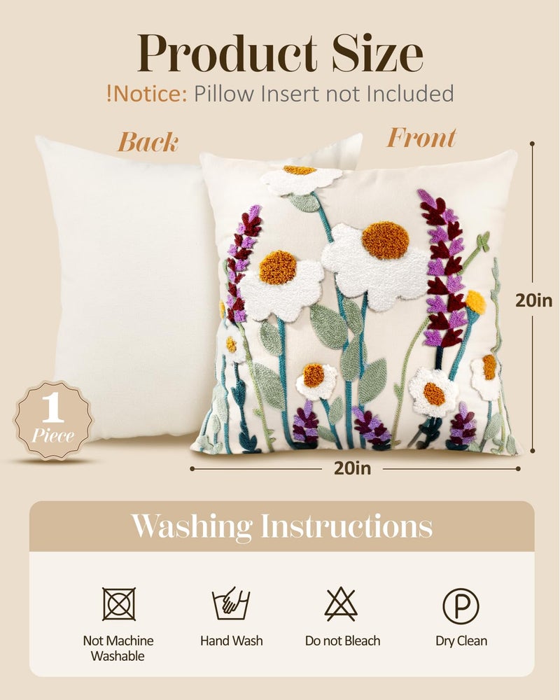 Kokaaee Embroidered Throw Pillow Cover - 20x20 Decorative Pillow Cover with Zipper Aesthetic Cute Design Boho Spring Summer Throw Pillowcase for Living Room Couch Sofa Bed, Wild Floral - Image 4