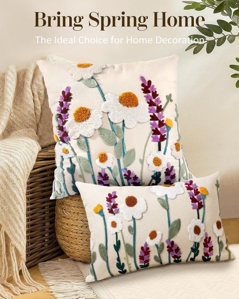 Kokaaee Embroidered Throw Pillow Cover - 20x20 Decorative Pillow Cover with Zipper Aesthetic Cute Design Boho Spring Summer Throw Pillowcase for Living Room Couch Sofa Bed, Wild Floral - Image 5