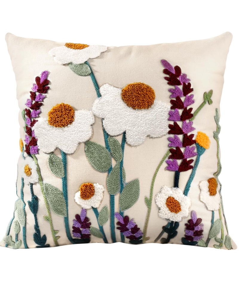 Kokaaee Embroidered Throw Pillow Cover - 20x20 Decorative Pillow Cover with Zipper Aesthetic Cute Design Boho Spring Summer Throw Pillowcase for Living Room Couch Sofa Bed, Wild Floral - Image 1
