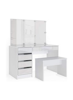 AtoZ Furniture Vicco Sherry Dressing Table with Mirror, LED Light, 5 Drawer Chest and Bench in White Color 