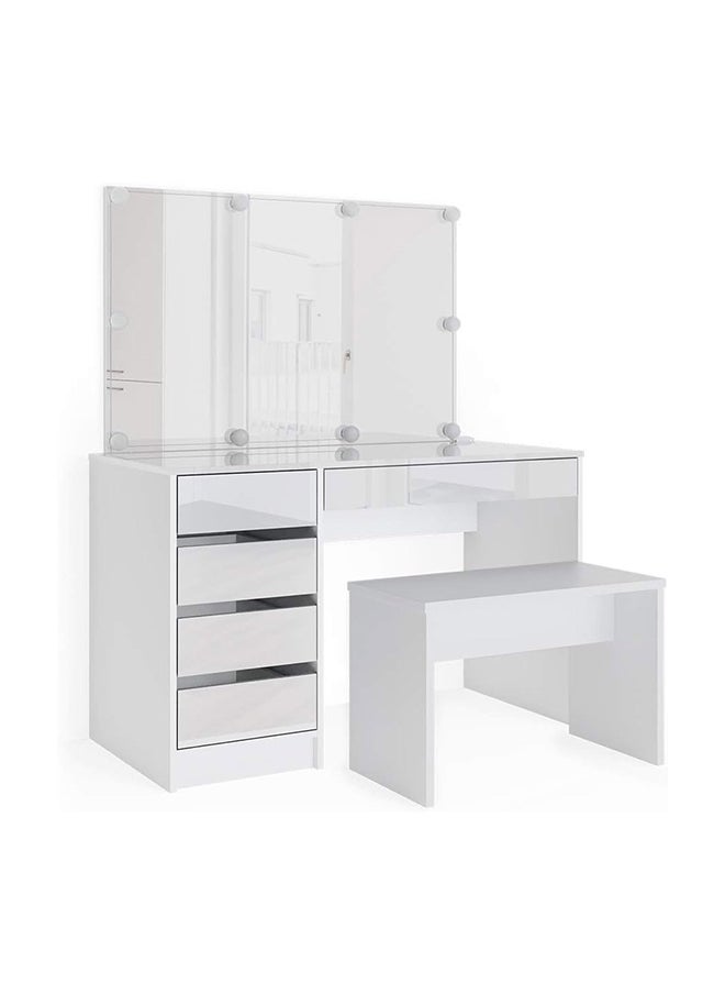 AtoZ Furniture - طاولة تزيين فيكو شيري مع مرآة وإضاءة LED وخزانة بـ 5 أدراج ومقعد باللون الأبيض - Image 1