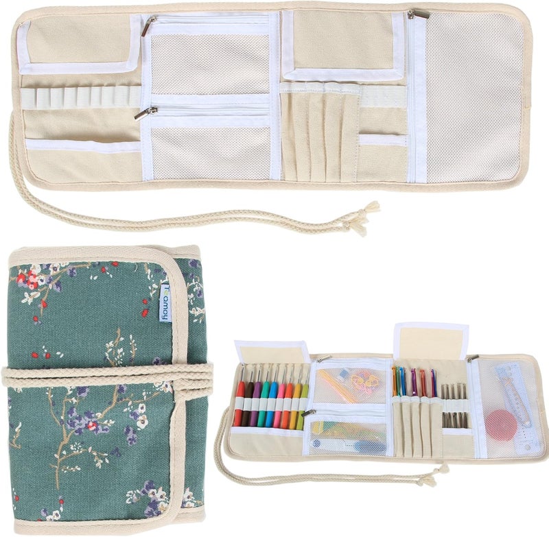 Teamoy Crochet Hook Case, Roll Bag Holder Organizer for Various Crochet Needles and Knitting Accessories, Plum Flowers - Image 1