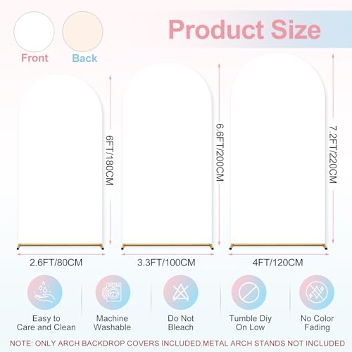Psasrm Wedding Arch Cover,Set of 3 (7.2ft+6.6ft+6ft) Double Color Cover Spandex Fitted Arch Stand for Birthday Party Baby Shower Wedding Stand Decoration (White+Beige) - Image 2