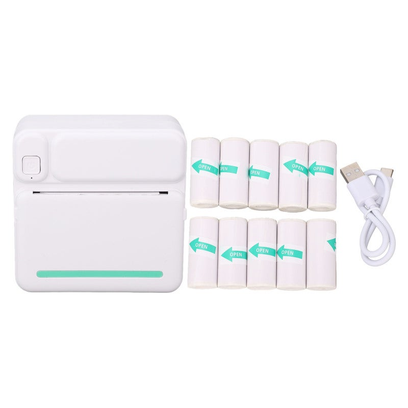 Portable Thermal Printer with 10 Rolls Adhesive Print Paper Black and White Inkless Printer for Label Receipt Study Notes - Image 1