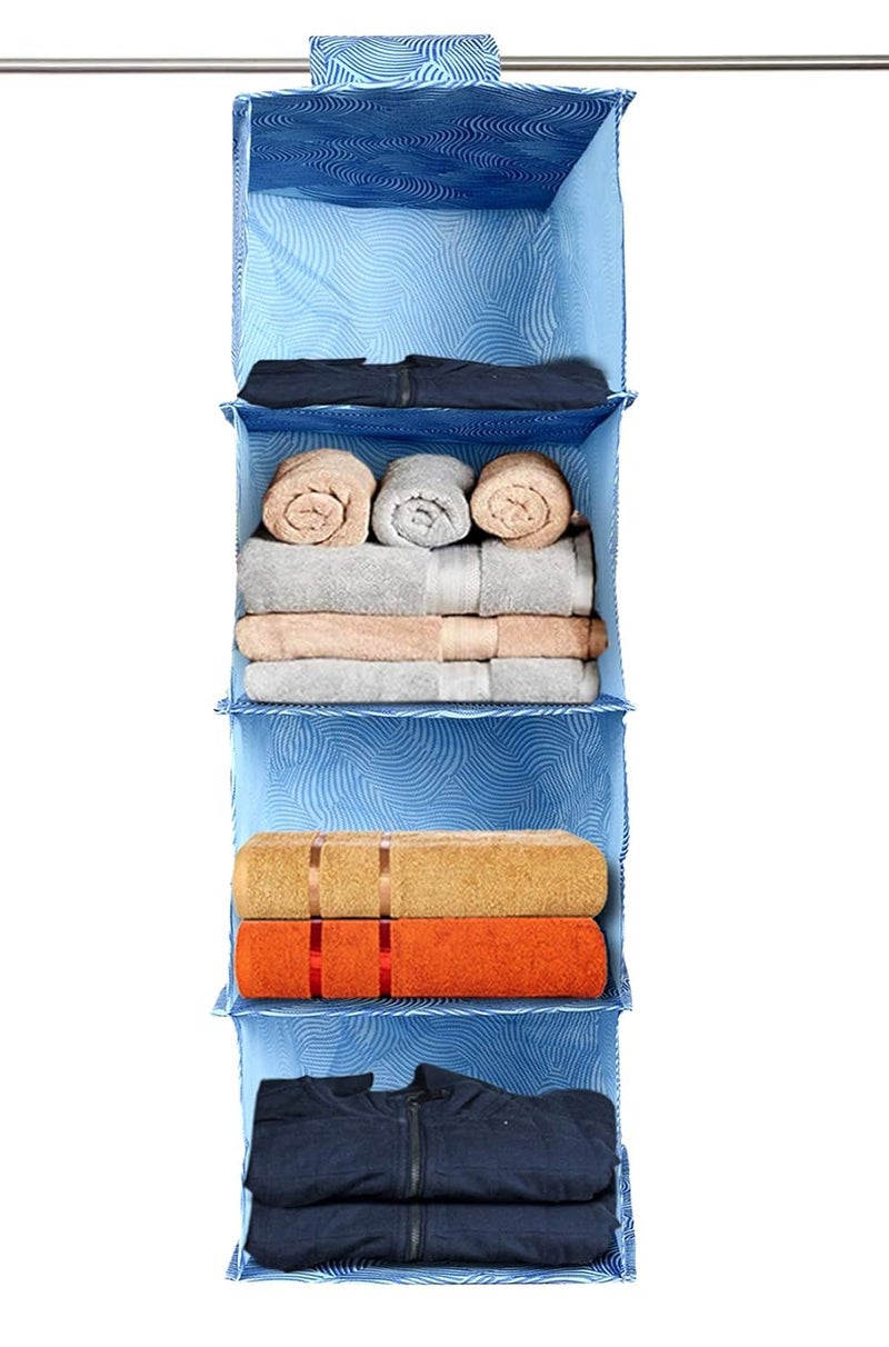 Kuber Industries Laheriya Print 4 Shelf Closet Hanging Organizer 4 Tier Closet Wardrobe Organizer Clothes Storage Hanger for Family Closet Bedroom Foldable and Universal Fit BlueKUBMART15341 - Image 1