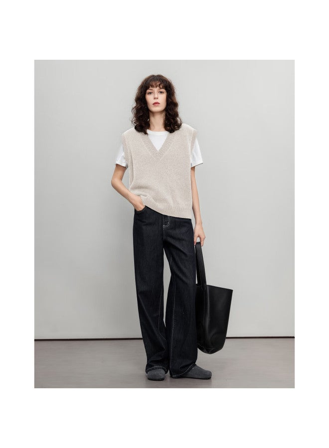 Dme 100% Merino Wool V-neck Vest Knitwear Women New High-intelligence Sleeveless Sweater Apricot S - Image 3