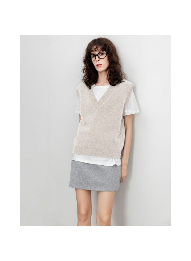 Dme 100% Merino Wool V-neck Vest Knitwear Women New High-intelligence Sleeveless Sweater Apricot S - Image 2