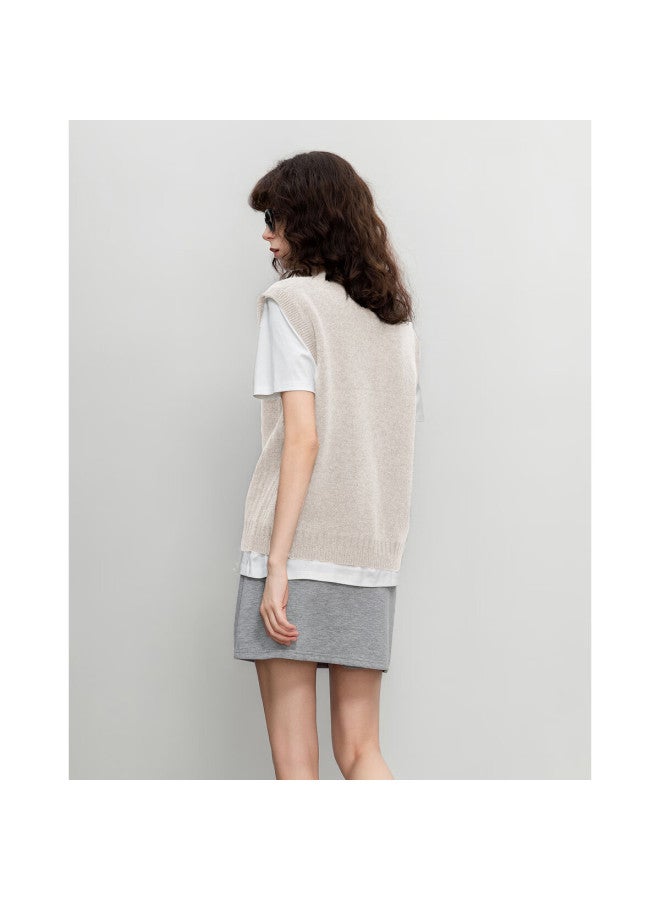 Dme 100% Merino Wool V-neck Vest Knitwear Women New High-intelligence Sleeveless Sweater Apricot S - Image 4