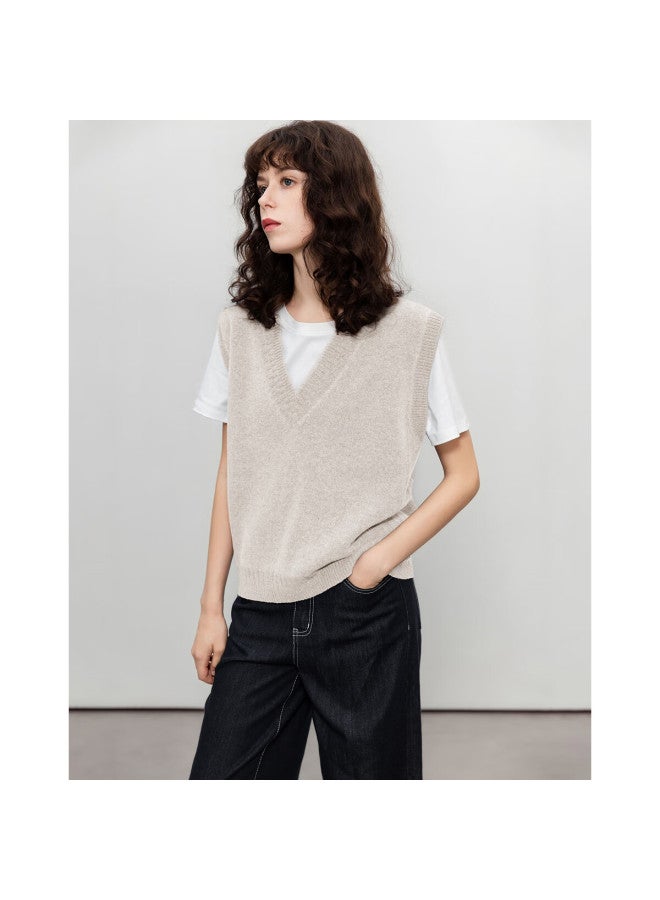 Dme 100% Merino Wool V-neck Vest Knitwear Women New High-intelligence Sleeveless Sweater Apricot S - Image 1