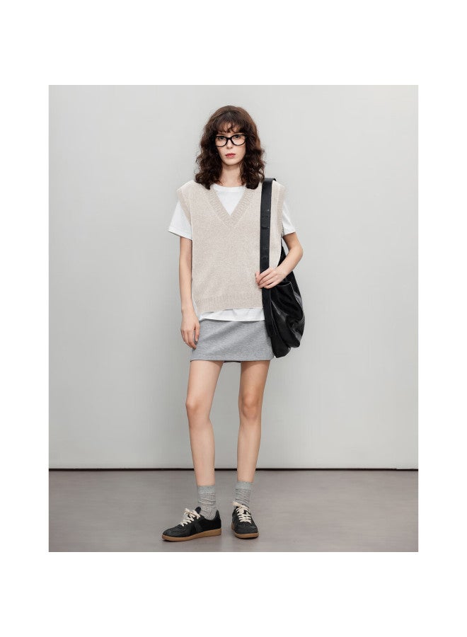 Dme 100% Merino Wool V-neck Vest Knitwear Women New High-intelligence Sleeveless Sweater Apricot S - Image 5