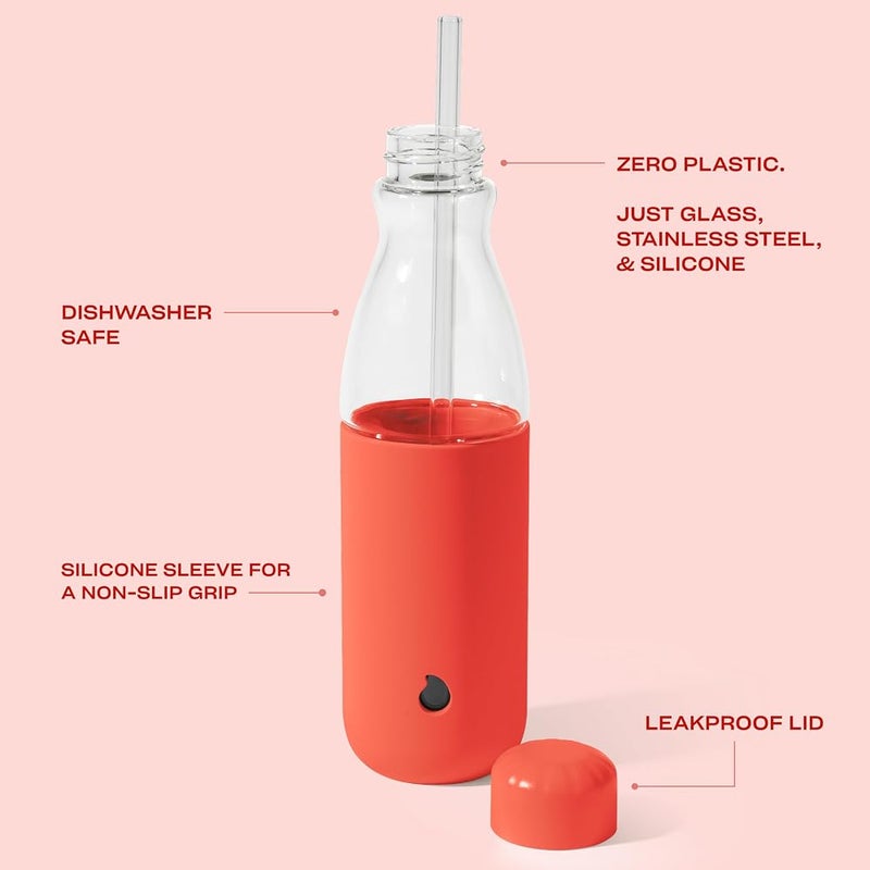 S'well Glass Original Water Bottle With Straw, 18oz, Radiant Coral, Borosilicate Glass Bottle With Collapsible Glass Straw And Silicone Sleeve, Zero Plastic, Leakproof, BPA Free - Image 2