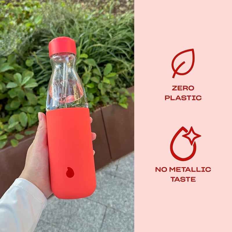 S'well Glass Original Water Bottle With Straw, 18oz, Radiant Coral, Borosilicate Glass Bottle With Collapsible Glass Straw And Silicone Sleeve, Zero Plastic, Leakproof, BPA Free - Image 1