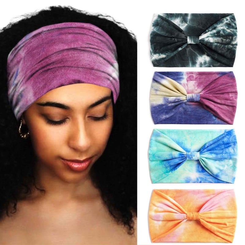Aceorna Wide Headbands Stretch Turban Knotted Hairbands Elastic Yoga Workout Sweatband Running Sport Head Scarf Large African Head Wraps for Women 4 Pcs Set G