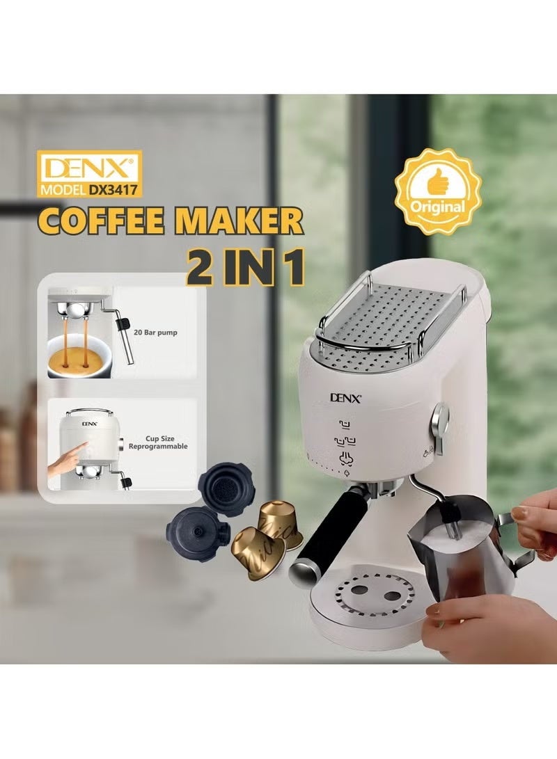 Denx 2-in-1 Automatic Coffee Maker – 20 Bar Espresso Machine with 1L Large Water Tank for Lattes, Cappuccinos & Quick Home Brewing - Image 3