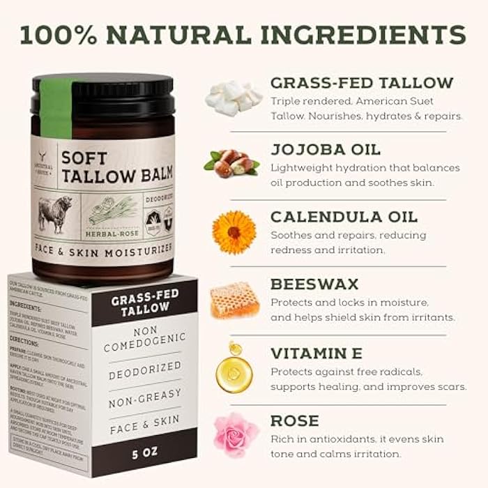 Ancestral Haven Beef Tallow for Skin - Tallow And Herbal Balm For Face - Gift Ready Box - Tallow Face Moisturizer - Tallow Balm - Grass Fed Tallow Face Cream Lotion (5.0 Oz, Herbal-Rose) - Image 4