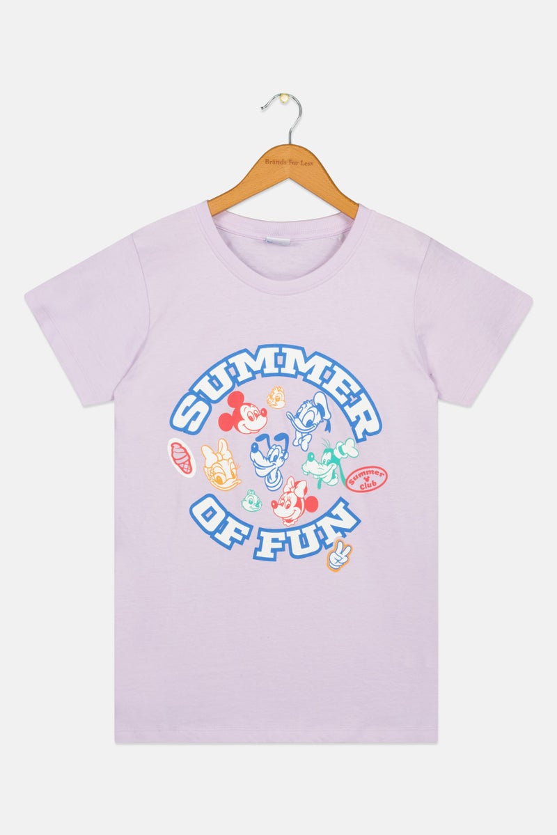 Disney Kids Girl Crew Neck Short Sleeve Micky And Friends Print T-Shirt, Purple - Image 2