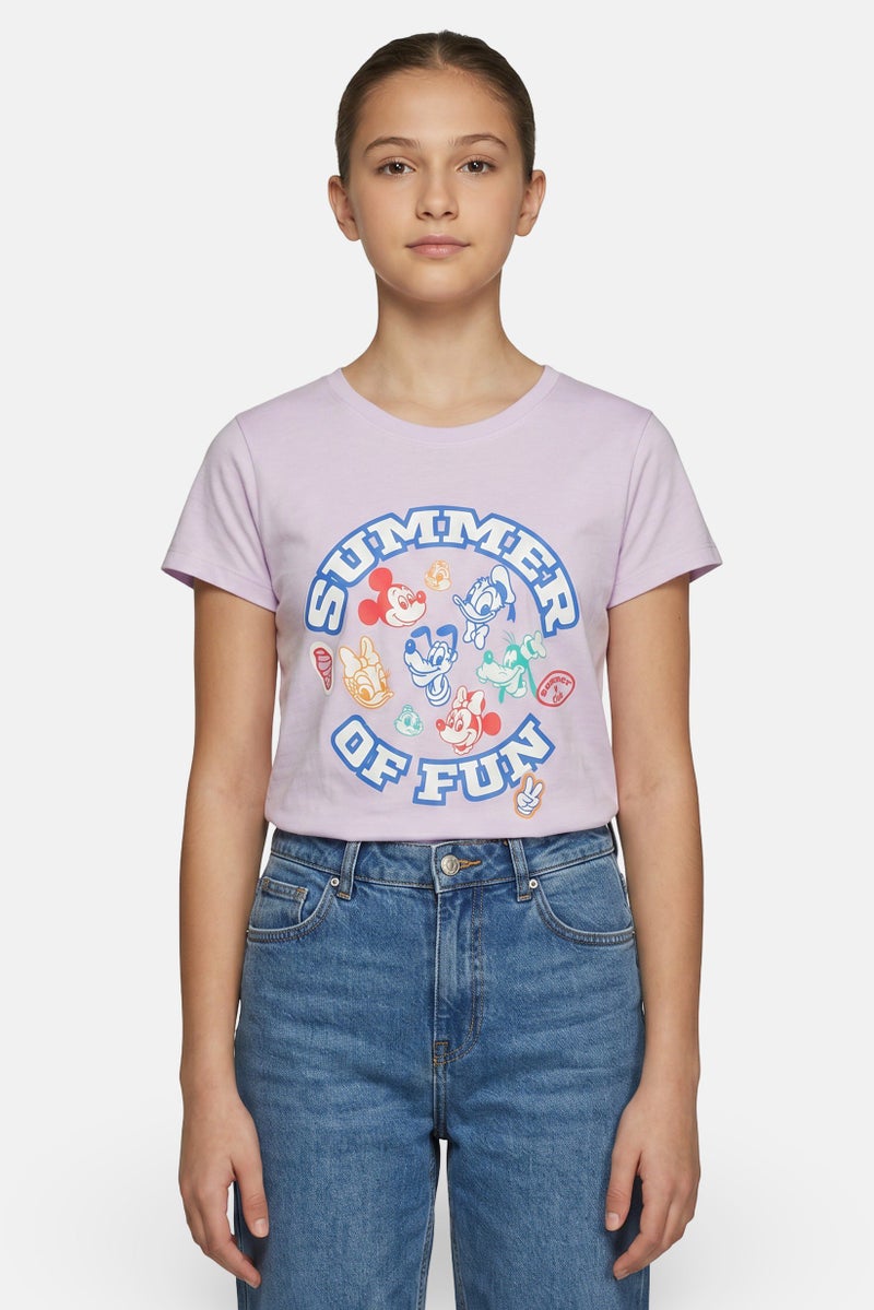 Disney Kids Girl Crew Neck Short Sleeve Micky And Friends Print T-Shirt, Purple - Image 1