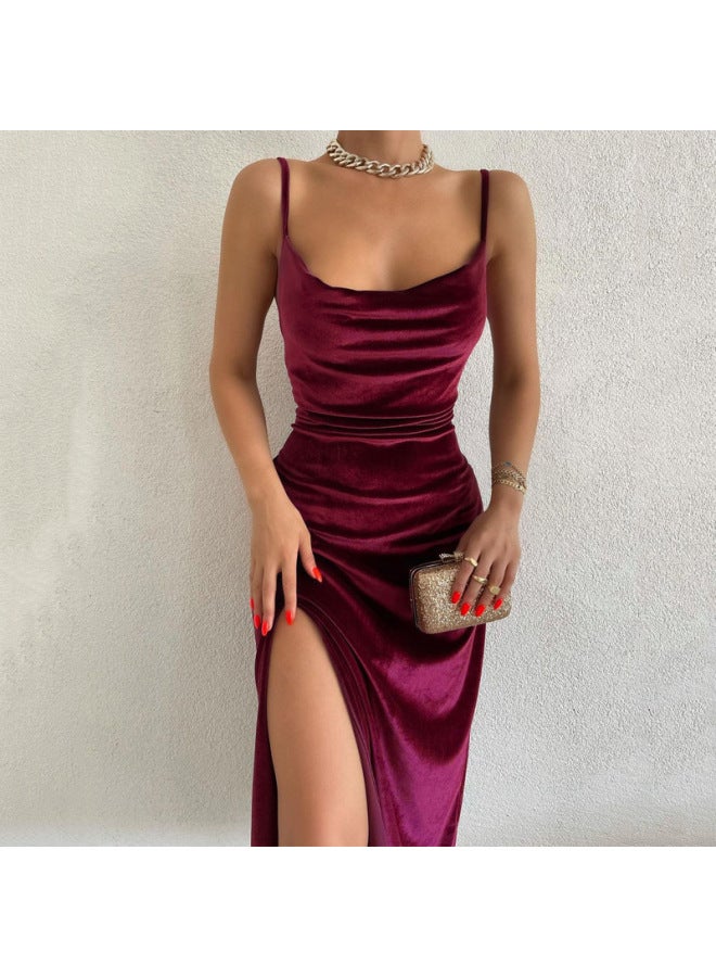 Wine Red Summer Slim Slit Velvet Suspender Party Dress
