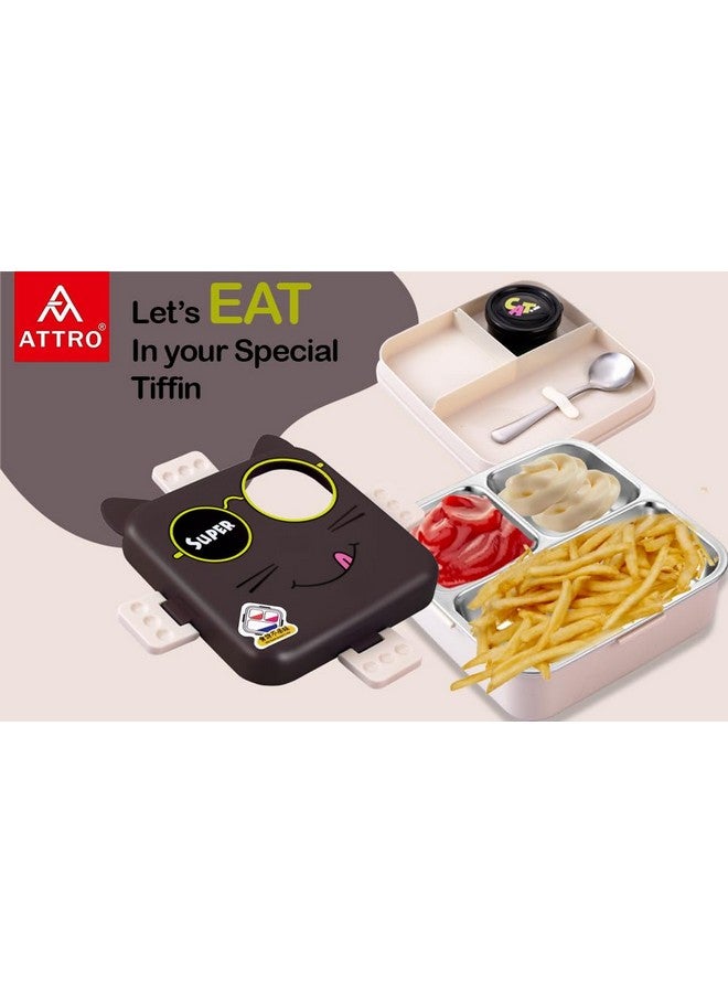 ATTRO Carnival Super Cat Lunch Box 2 Layer Stainless Steel Lunch Box Comes with 1 Detachable Tray, 1 Small Container & 1 Spoon Ideal for Kids BPA Free 1120ml+70ml- Grey - Image 4