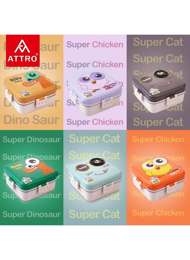 ATTRO Carnival Super Cat Lunch Box 2 Layer Stainless Steel Lunch Box Comes with 1 Detachable Tray, 1 Small Container & 1 Spoon Ideal for Kids BPA Free 1120ml+70ml- Grey - Image 3