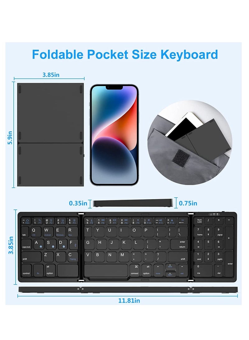 Foldable Bluetooth Keyboard, Folding Wireless Portable Keyboard with Numeric Keypad, USB-C Rechargeable for iOS, Android, Windows System Laptop Tablet Smartphone Device