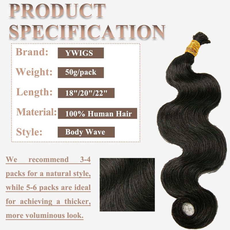 Y WIGS YWIGS Body Wave Human Braiding Hair for Boho Braids 50G No Weft Virgin Human Hair Bulk Human Hair for Braiding 20inch - Image 2