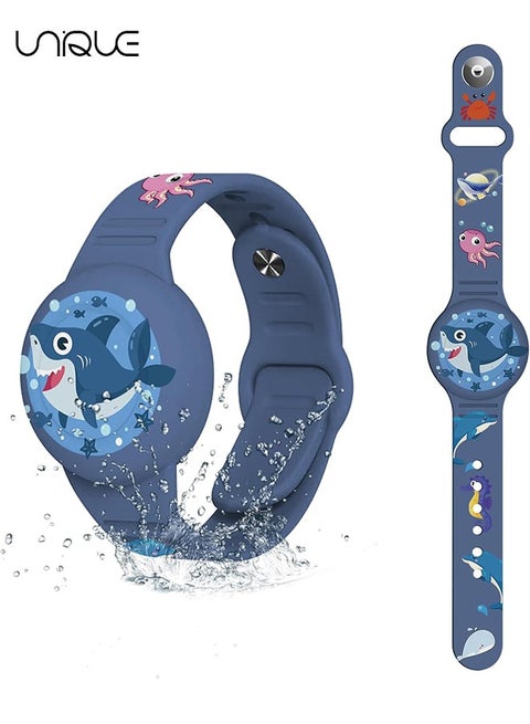 AirTag Bracelet for Kids, Waterproof Cute Cartoon Air tag Holder for Kids with Soft Silicone Full Coverage Anti-Lost Hidden Airtag Wristband Accessories for Child（Dark Blue)